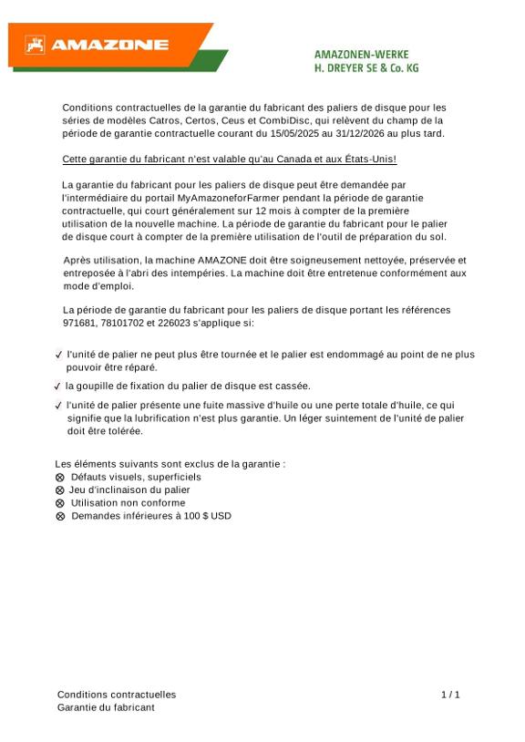 Conditions générales de la garantie 2+2 des paliers de disque
