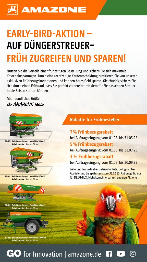 WhatsApp-Anzeige „EARLY-BIRD-AKTION – AUF DÜNGERSTREUER – FRÜH ZUGREIFEN UND SPAREN!“, 1080x1920 pix, rgb