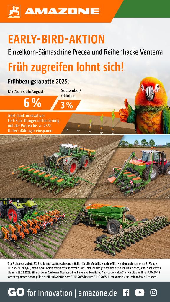 WhatsApp-Anzeige „EARLY-BIRD-AKTION – Einzelkorn-Sämaschine Precea und Reihenhacke Venterra“, 1080x1920 pix, rgb