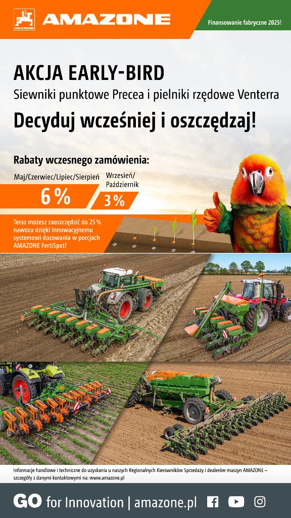 WhatsApp-Anzeige „AKCJA EARLY-BIRD – Siewniki punktowe Precea i pielniki rzędowe Venterra“, 1080x1920 pix, rgb, pl