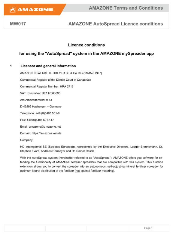 Licence conditions AutoSpread GB