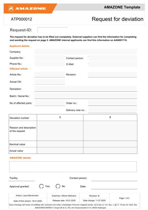 Request for deviation for suppiers