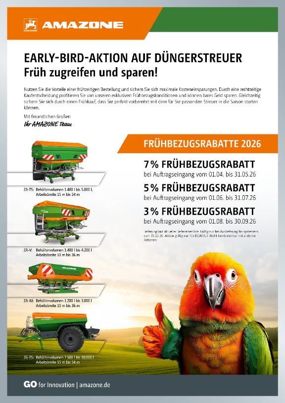 Early-Bird-Aktion "Frühbezugsrabatte auf Düngerstreuer 2026" Kundenstopper DIN A1