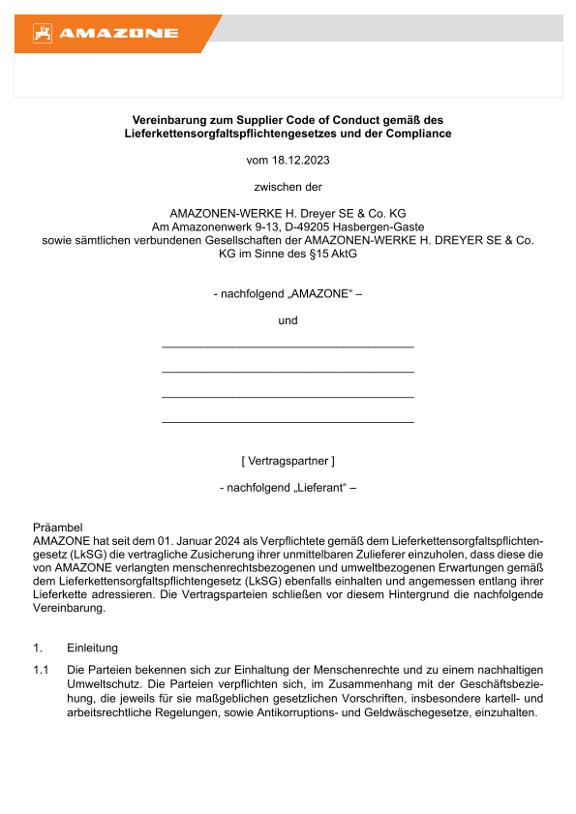 Vereinbarung zum Supplier Code of Conduct gemäß des Lieferkettensorgfaltspflichtengesetzes