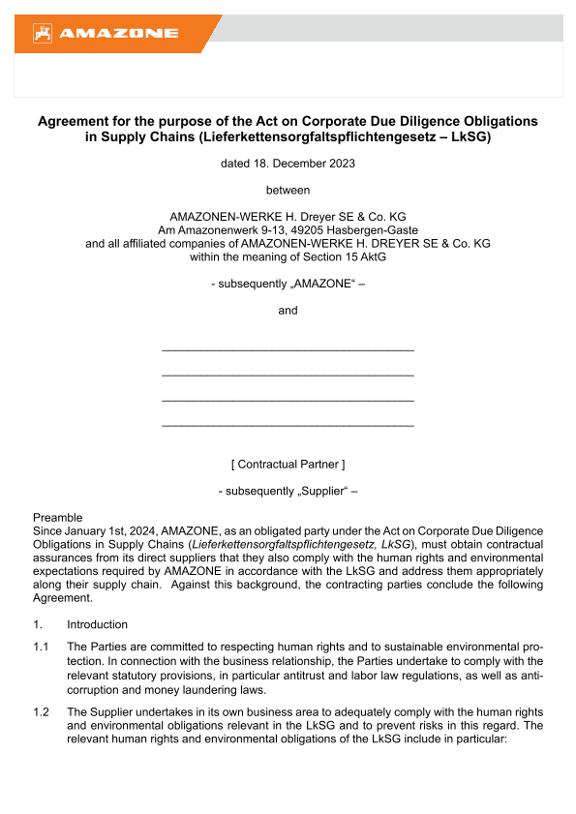 Agreement for the purpose of the Act on Corporate Due Diligence Obligations in Supply Chains