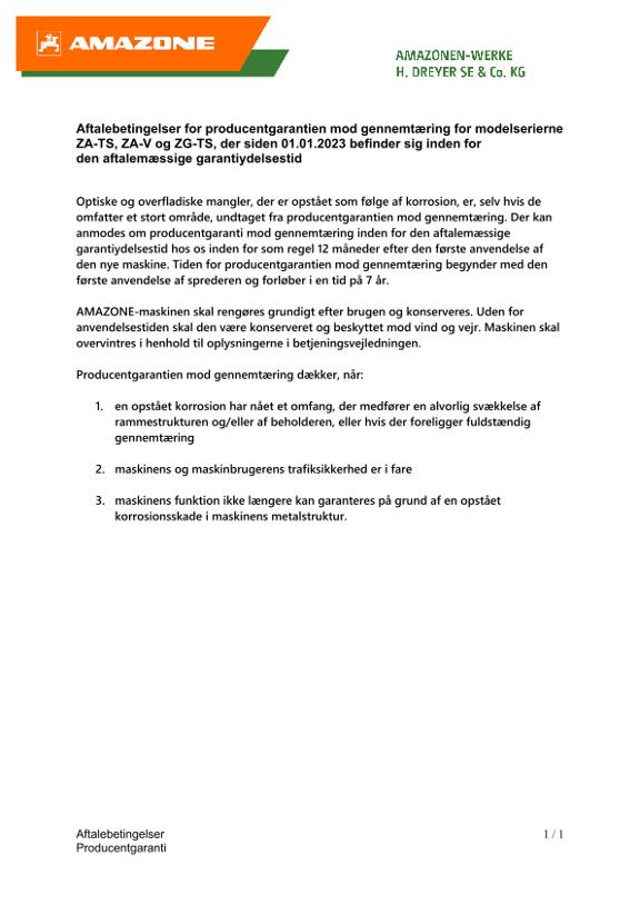 Aftalebetingelser for producentgarantien mod gennemtæring for modelserierne ZA-TS, ZA-V og ZG-TS
