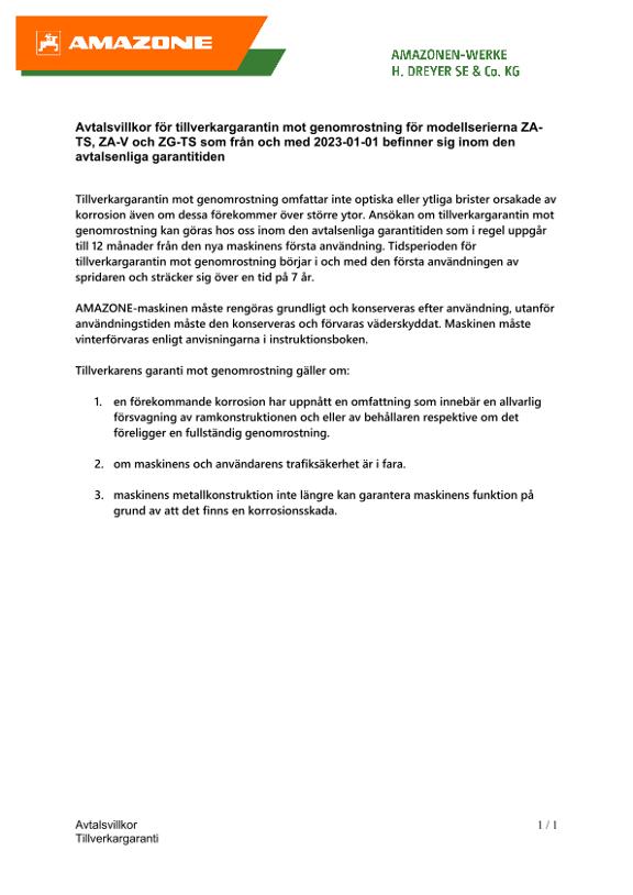 Avtalsvillkor för tillverkargarantin mot genomrostning för modellserierna ZA-TS, ZA-V och ZG-TS