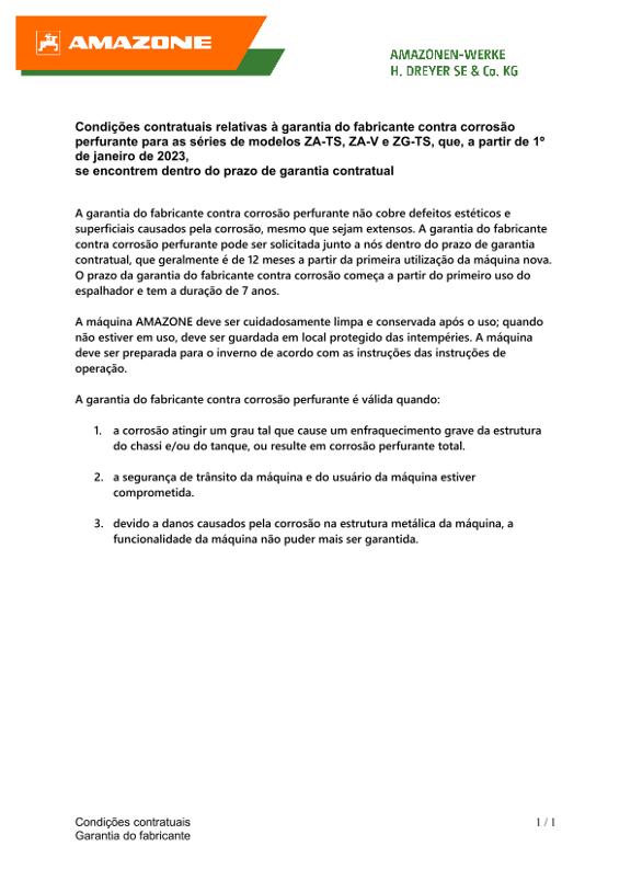 Condições contratuais relativas à garantia do fabricante contra corrosão perfurante para as séries de modelos ZA-TS, ZA-V