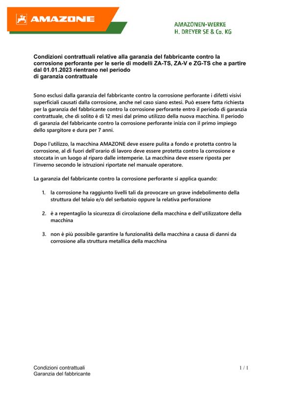 Condizioni contrattuali relative alla garanzia del fabbricante contro la corrosione perforante per le serie di modelli ZA-TS