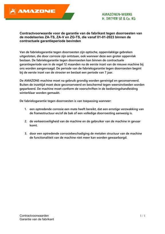 Contractvoorwaarde voor de garantie van de fabrikant tegen doorroesten van de modelseries ZA-TS, ZA-V en ZG-TS