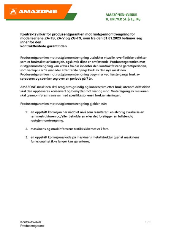Kontraktsvilkår for produsentgarantien mot rustgjennomtrengning for modellseriene ZA-TS, ZA-V og ZG-TS