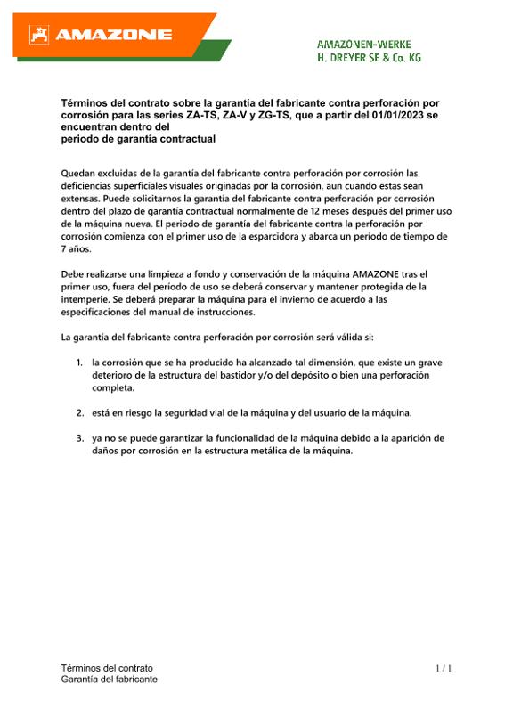 Términos del contrato sobre la garantía del fabricante contra perforación por corrosión para las series ZA-TS, ZA-V y ZG-TS