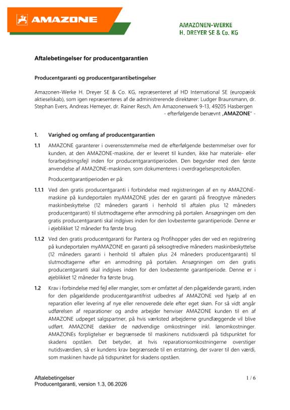 Aftalebetingelser for producentgarantien
