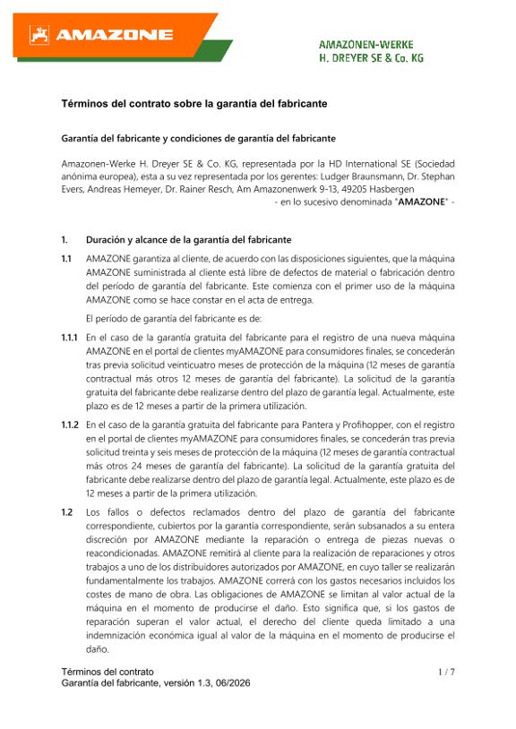 Términos del contrato sobre la garantía del fabricante