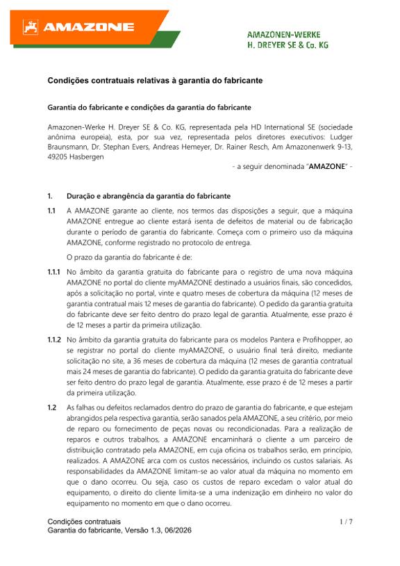 Condições contratuais relativas à garantia do fabricante