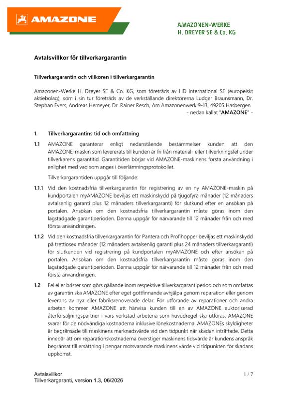 Avtalsvillkor för tillverkargarantin