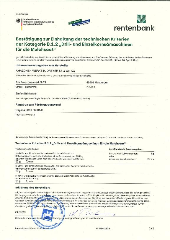 Herstellererklärung Cayena - BUMV Kategorie B.1.2 Sämaschinen