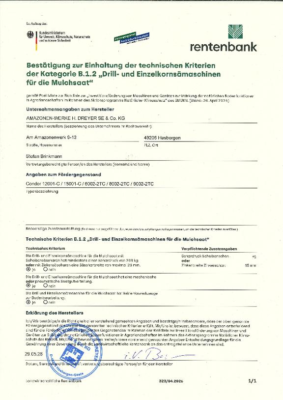 Herstellererklärung Condor - BUMV Kategorie B.1.2 Sämaschinen