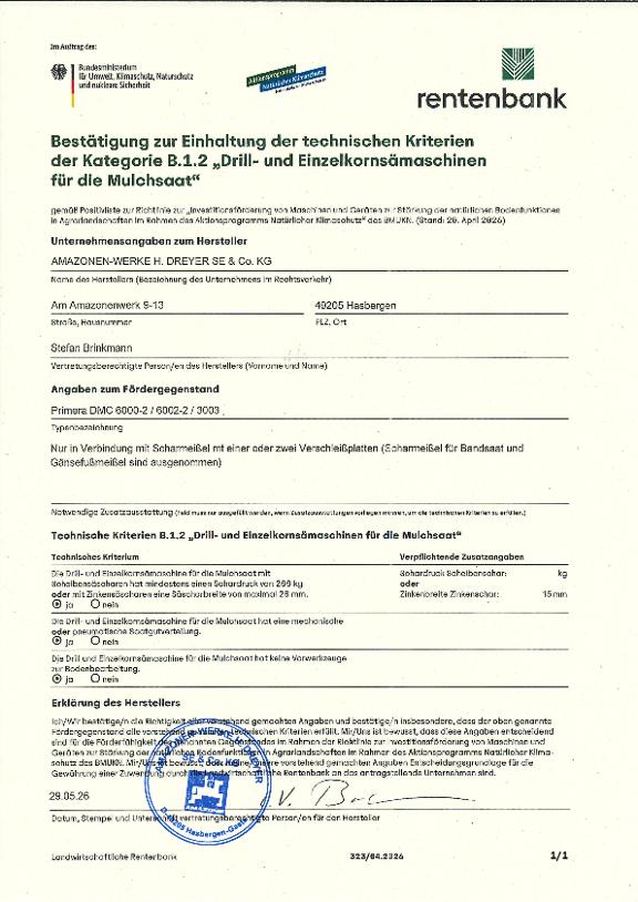 Herstellererklärung Primera DMC - BUMV Kategorie B.1.2 Sämaschinen