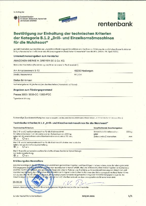 Herstellererklärung Precea 3000 - BUMV Kategorie B.1.2 Sämaschinen
