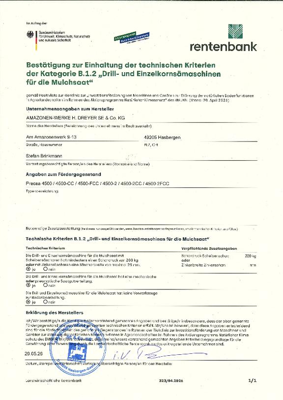 Herstellererklärung Precea 4500 - BUMV Kategorie B.1.2 Sämaschinen