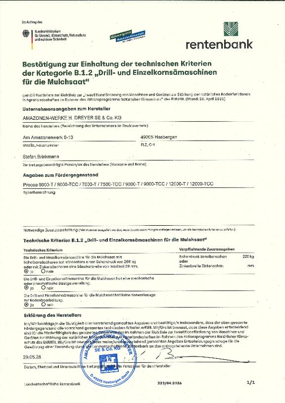 Herstellererklärung Precea-T - BUMV Kategorie B.1.2 Sämaschinen
