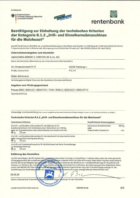 Herstellererklärung Precea 6000 - BUMV Kategorie B.1.2 Sämaschinen