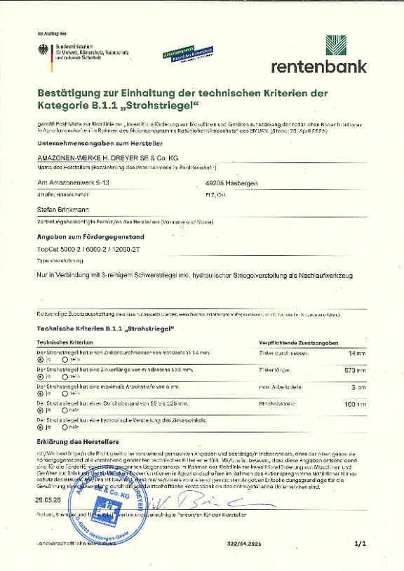 Herstellererklärung TopCut - BUMV Kategorie B.1.1-Strohstriegel