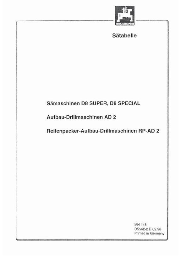 Sätabelle D8 alle Typen, AD, RP-AD (02/98)