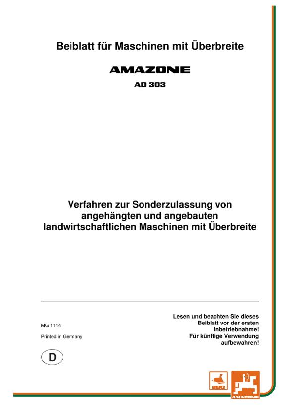 Beiblatt f. Maschinen mit Überbreite AD303