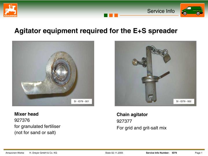 Agitator equipment required for the E+S spreader