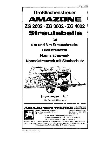 Streutabelle ZG 2002, ZG 3002, ZG 4002