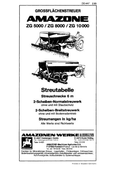 Streutabelle Grossflächenstreuer ZG5000, ZG8000, ZG10000 (06/83)