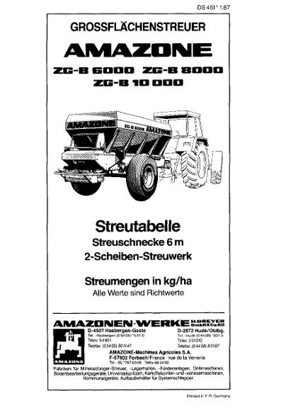 Streutabelle ZG-B 6000 / ZG-B 8000 / ZG-B 10000