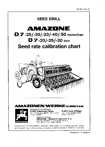 Seed rate calibration chart D7-25/30/40/50 Standard / Super, D7-20/25/30 Junior