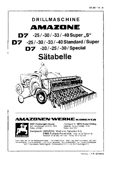 Sätabelle D7 -25/30/33/40 Super "S", D7 -25/30/33/40 Standard / Super, D7 -20/25/30 Special