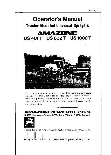 Operation manual Tractor-Mounted Universal Sprayers US401T, US602T, US1000T (04/78)