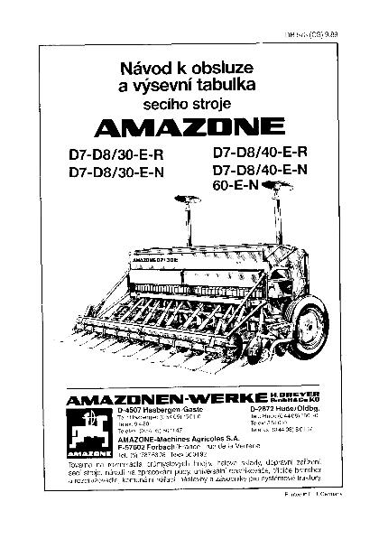 Návod na obsluhu and Seed rate chart D7-D8/30-E-R /30-E-N /40-E-R /40-E-N /60-E-N(09-89)