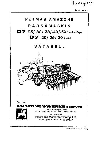 Zaaitabelle D7-25/-30/-33/-40/-50 Standard/Super D7-20/-25/-30 Spezial (04/76)
