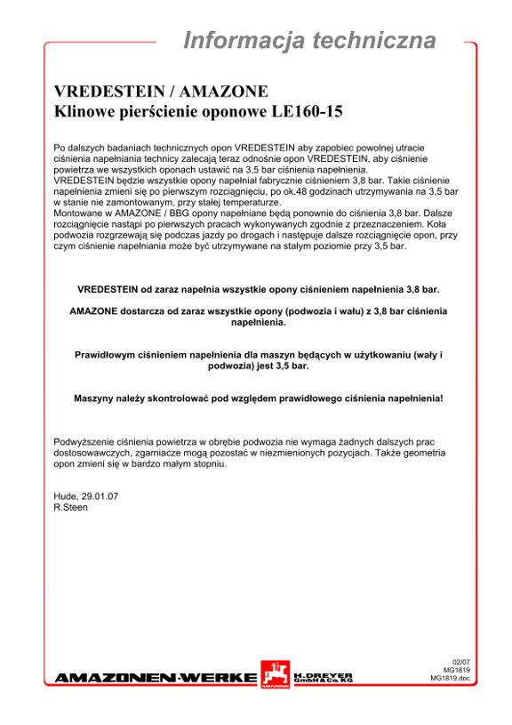 Informacja techniczna Klinowe pierścienie oponowe LE160-15  Vredestein / Amazone