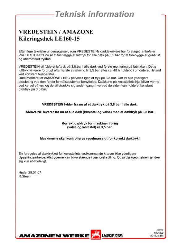 Teknisk information Kileringsdæk LE160-15  Vredestein / Amazone