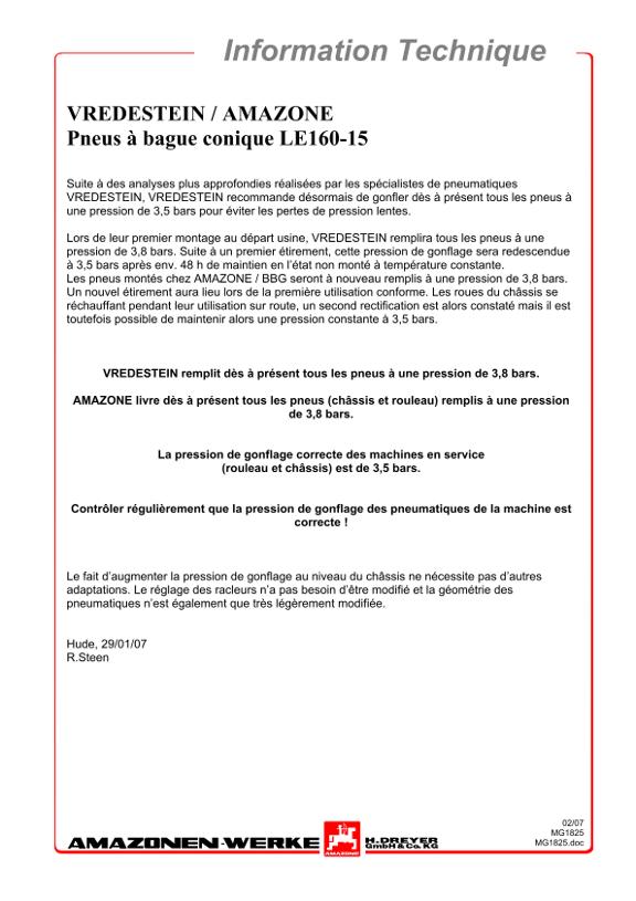 Information Technique Pneus à bague conique LE160-15  Vredestein / Amazone