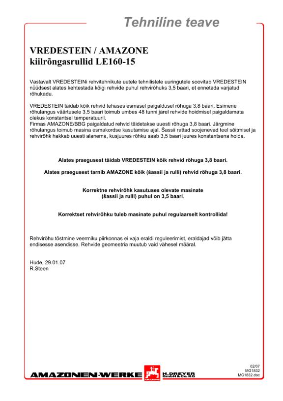 Tehniline teave kiilrõngasrullid LE160-15  Vredestein / Amazone