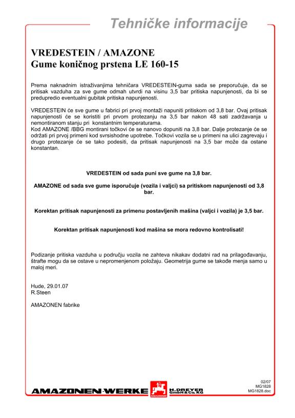 Tehničke informacije Gume koničnog prstena LE 160-15 VREDESTEIN / AMAZONE