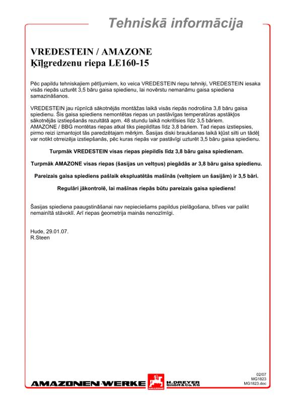 Tehniskā informācija Ķīļgredzenu riepa LE160-15  VREDESTEIN / AMAZONE