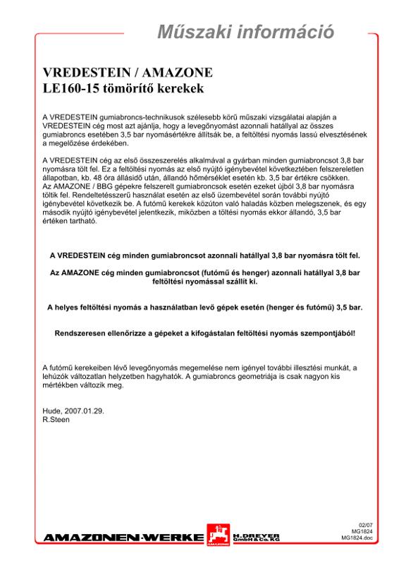 Műszaki információ LE160-15 tömörítő kerekek Vredestein / Amazone