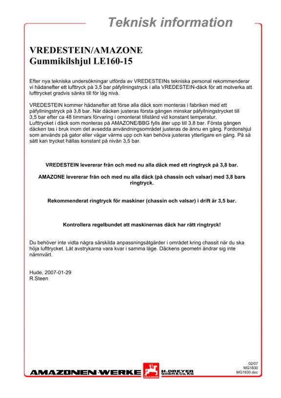 Teknisk information Gummikilshjul LE160-15 VREDESTEIN / AMAZONE