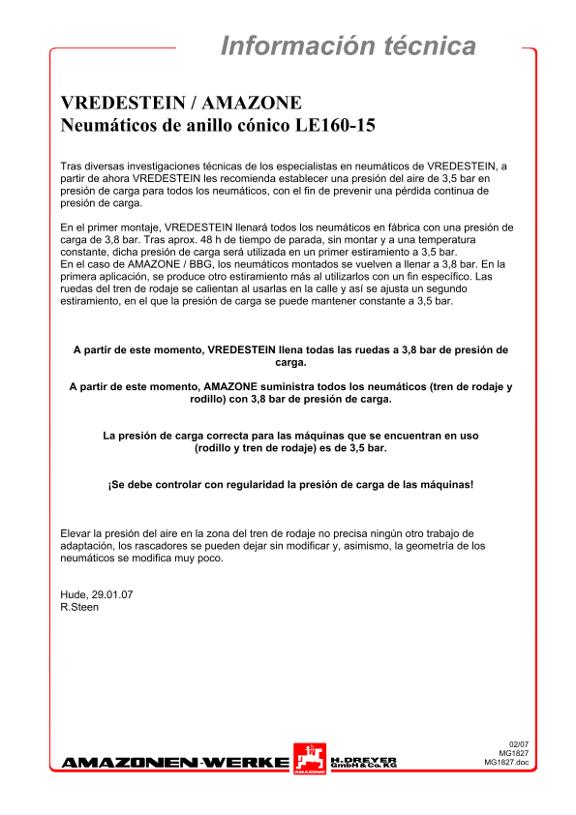 Información técnica Neumáticos de anillo cónico LE160-15 VREDESTEIN / AMAZONE