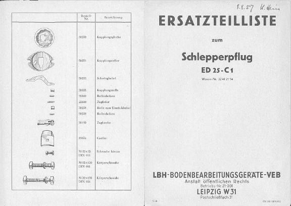 Ersatzteilliste zum Schlepperpflug ED25-C1