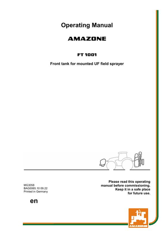 Operation manual Front tank FT 1001